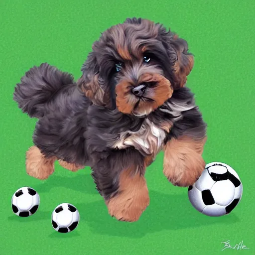 Prompt: bernedoodle puppy stuffed soccer, digital art