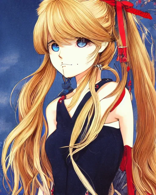 Image similar to illustration of a blonde twintails hair with ribbons anime girl with red eyes in the style of studio ghibli, ayami kojima, akihiko yoshida and 90's anime