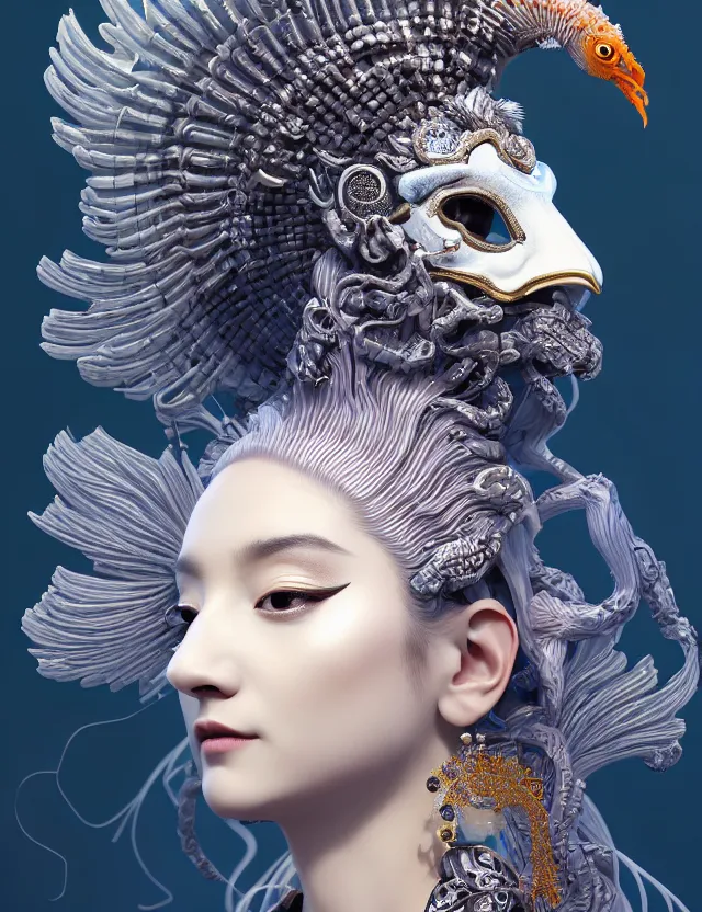 Image similar to 3 d goddess close - up profile portrait with crown, ram skull. beautiful intricately detailed japanese crow kitsune mask and clasical japanese kimono. betta fish, jellyfish phoenix, bio luminescent, plasma, ice, water, wind, creature, artwork by tooth wu and wlop and beeple and greg rutkowski