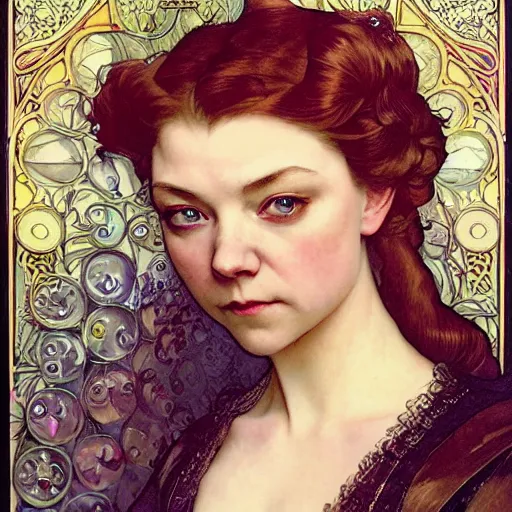 Prompt: realistic detailed face portrait of Natalie Dormer as young Queen Elizabeth Tudor by Alphonse Mucha, Ayami Kojima, Amano, Charlie Bowater, Karol Bak, Greg Hildebrandt, Jean Delville, and Mark Brooks, Art Nouveau, Neo-Gothic, gothic, rich deep moody colors