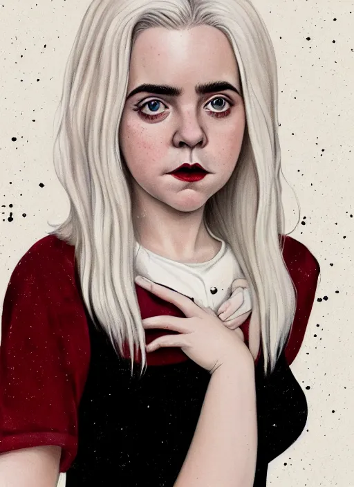 Image similar to full body portrait, kiernan shipka as sabrina spellman, white hair, obese, bangs, sultry, realistic, sultry smirk, fluffy bangs, freckles, fat, belly, intricate, elegant, highly detailed, digital painting, artstation, concept art, smooth, sharp focus, illustration, art by wlop, mars ravelo and greg rutkowski