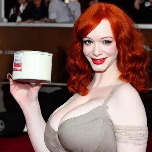 Prompt: christina hendricks in teddy with a can of whipped cream