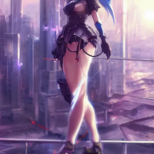 Image similar to A realistic anime painting of a beautiful female knight standing in a futuristic city. digital painting by Sakimichan, Makoto Shinkai, WLOP, Rossdraws, Pixivs and , digital painting. trending on Pixiv. SFW version —H 1080 —W 1920