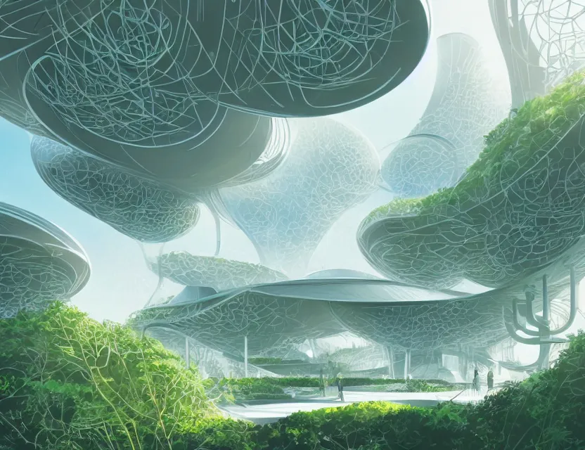 Prompt: beautiful futuristic architecture with organic shapes, plants growing on it. gouache, limited palette, by award - winning mangaka, backlighting, depth of field.