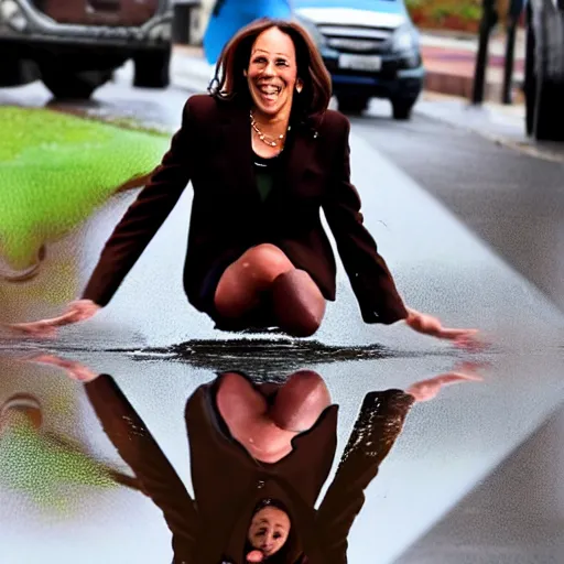 Prompt: kamala harris falling off a bicycle into a puddle of chocolate