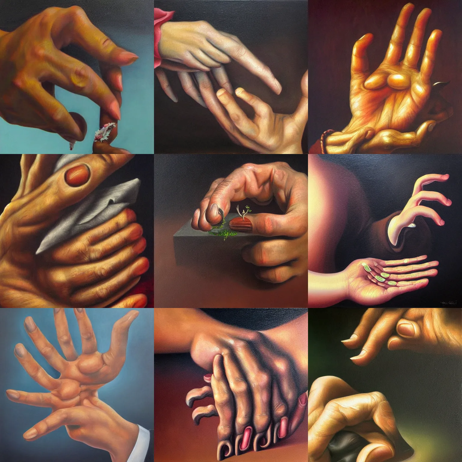 Prompt: A hand eating a hand, surrealism, detailed oil painting