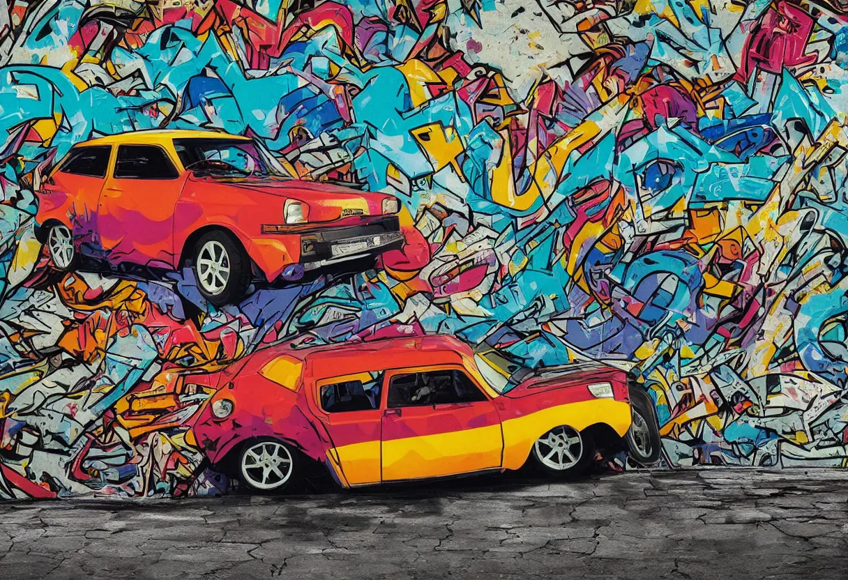 Prompt: yugo car against concrete wall as pop art, matte painting, hyperdetailed, street style, graffiti, illustration, coherent, art nouveau, beautiful render, concept art