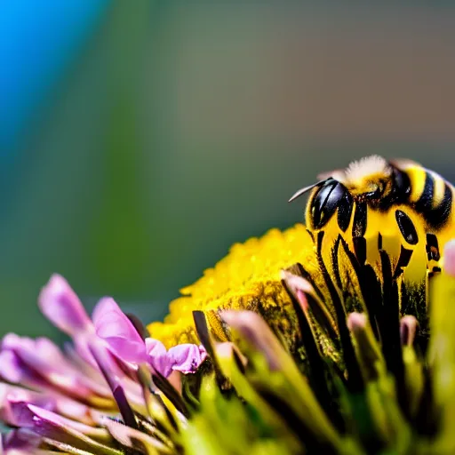 Prompt: macro shot of a robotic bee resting on a flower, global illumination