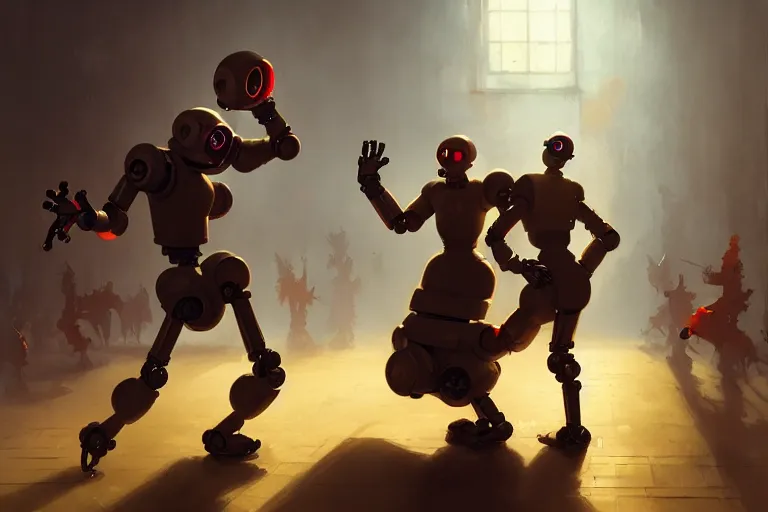 Image similar to robots dancing by otto dix and greg rutkowski and andreas rocha, cinematic lighting, warm colours, ultra realistic, unreal engine, trending on artstation, 4 k