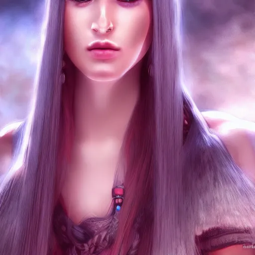 Image similar to portait ibtissam ittouchane, centred, very long hair, hd, unreal engine, art painting, final fantasy style, amazing background theme