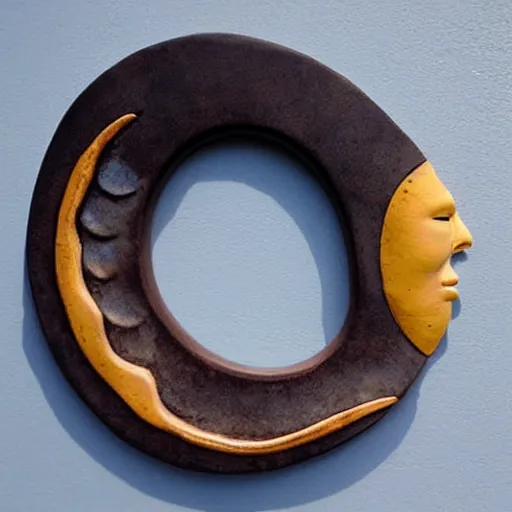 Prompt: anthropomorphic crescent moon sculpture, crescent moon face, ceramic, photograph, fine art, glazed ceramic, kitsch,