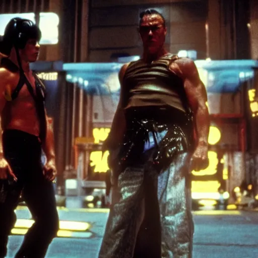 Prompt: movie still, 1 9 8 0 s, van damme as cyberpunk street fighter, hyperdetailed, by ridley scott, john carpenter and vittorio storaro, blue leds