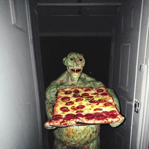 Prompt: grainy photo of a pizza as a creepy monster in a closet, harsh flash