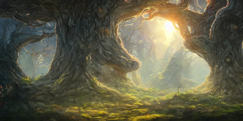 Prompt: a fantasy city built upon the giant branches of yggdrasil, illustration, bright sunlight, sun glints, sunrays, digital art, hyperrealistic, oil painting, fantasy, 8 k, trending on artstation, detailed