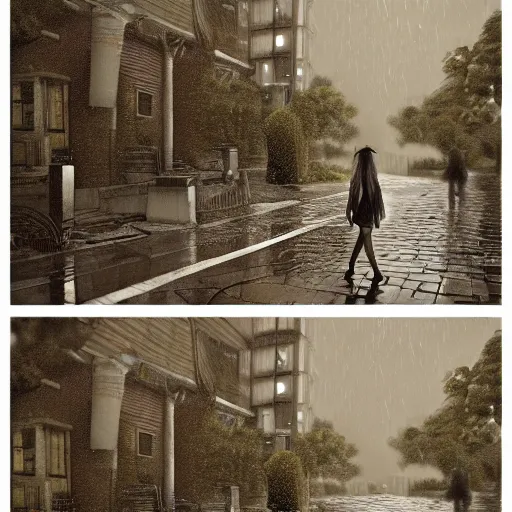 Image similar to hippie walking in the rain, incredible detail, character concept art, fineline detail, cinematic quality, high octane, drum scanner, vray render