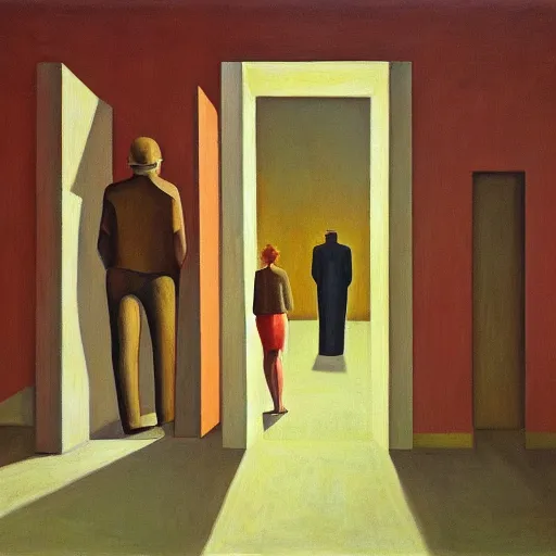 Image similar to first person view of a stark concrete maze, people stepping into elevators, grant wood, pj crook, edward hopper, oil on canvas