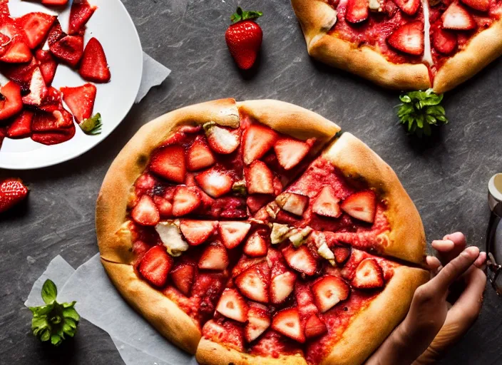 Prompt: mouthwatering New York pizza with strawberries on, food photography