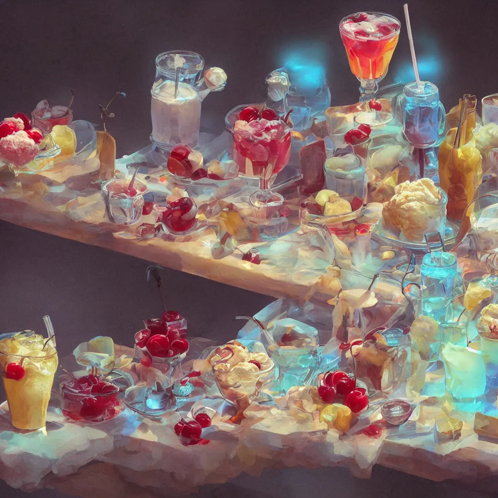 Prompt: a still life painting of cold drinks, ice cream, cherry embellishment, in the style of makoto shinkai, dreamy, soft, global illumination, radiant light, intricate environment, luminescence, highly detailed, 8 k