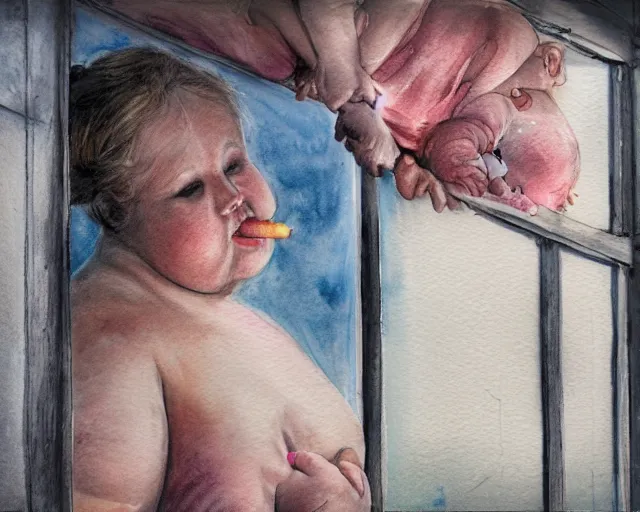 Image similar to an innocent and beautiful scene in hyper realistic style, watercolor and pen oily drawing on wood, of a fat old woman is painting a huge baby's head on the wall, lighting from the barred window. shadows. 4 k. wide angle. wild mood. red mouth, blue eyes. deep focus, lovely scene. ambient occlusion render. unreal engine.