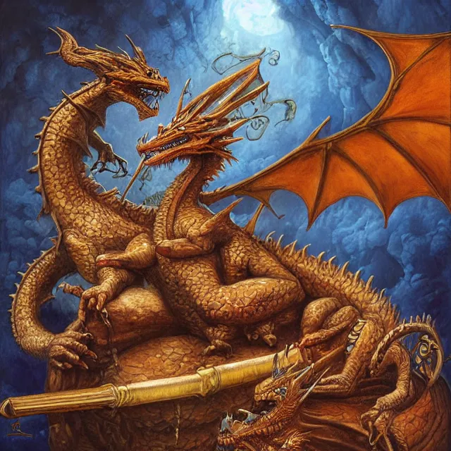 Prompt: artwork by Justin Gerard and Jeff Easley showing a dragon sitting on a volkano smoking his pipe