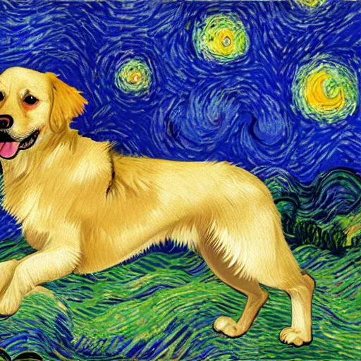Prompt: painted golden retriever playing in vincent van gogh's starry night