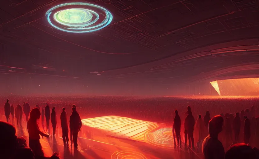 Image similar to microchip experience, qlimax stage by gensler, elegant atmosphere, glowing lights, highly detailed, digital painting, artstation, concept art, smooth, sharp focus, illustration, art by wlop, mars ravelo and greg rutkowski