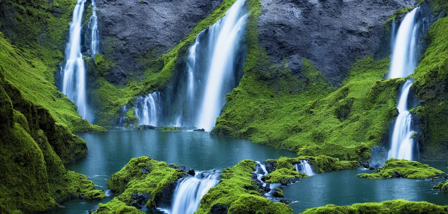 Prompt: a waterfall in the middle of a mountain range, a detailed matte painting by hallsteinn sigurðsson, shutterstock contest winner, naturalism, uhd image, creative commons attribution, photo taken with ektachrome