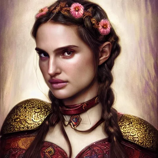 Prompt: head and shoulders portrait of a female knight, young natalie portman, golden etched armor, ruby amulet, lord of the rings, celtic hair braid with flowers, eldritch, by artgerm, alphonse mucha, face detail, etched breastplate, sharp focus, high key lighting, vogue fashion photo