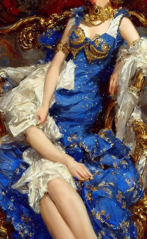 Image similar to Elegant Mecha laydy in blue victorian dress with gold ornaments. By Konstantin Razumov, highly detailded