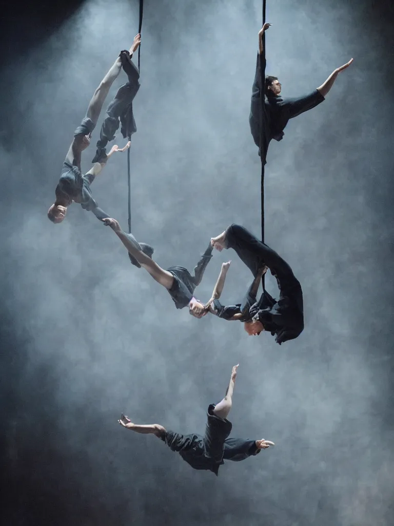 Image similar to a shakespeare stage play, dark blue mist, atmospheric, set design by Michel Crête, Aerial acrobatics design by André Simard, hyperrealistic, 4K, Baraka