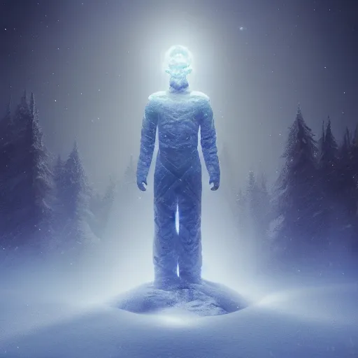 Prompt: an astral man on a snowy biome at night, starry, fantasy, hyper realism, behance, artstation, unreal engine 5, octane, deviantart