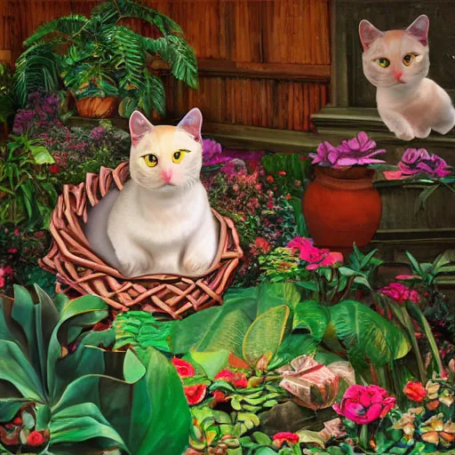 Prompt: excited deepfried spring rapids cylinder balinese cat courtyard tin parapet , by Jeff Koons and Frida Kahlo and Juan Giménez , chiaroscuro , trending on artstation , Low poly