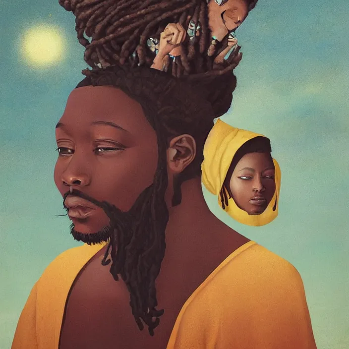 Prompt: UFO next to an African Jesus with dreadlocks, portrait painting by Hsiao-Ron Cheng,