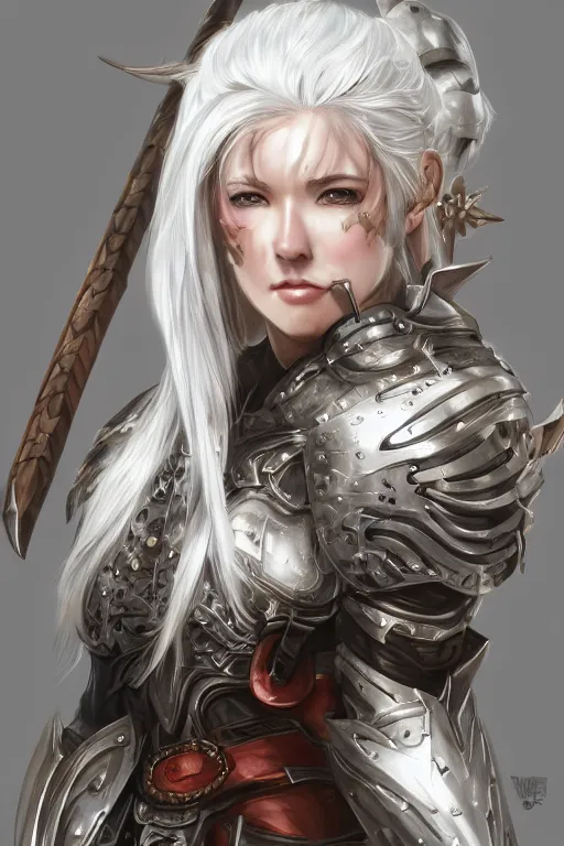 Image similar to A realistic anime portrait of a white haired female barbarian wearing an intricate armor, digital painting, by Stanley Artgerm Lau, Sakimichan, WLOP and Rossdraws, digtial painting, trending on ArtStation, SFW version