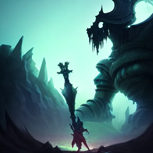 Image similar to Portrait of a Giant (Sentinal) holding the (blade) of the ruined king, digital illustration, (ruins), glow in the dark, (ethereal), the (void,) ominous, fear, very detailed, trending on artstation, high definition, by Riot Games, League of legends