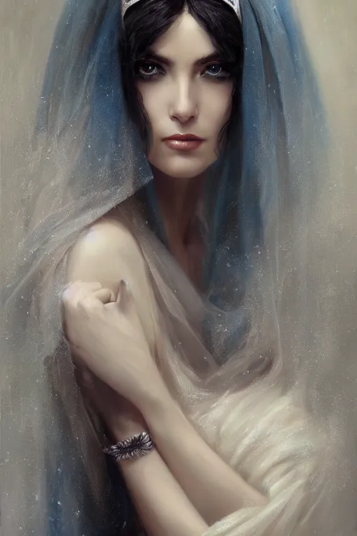 Image similar to Ameera al-Taweel, blue eyes, long wavy black hair, white veil, closeup, focus face, elegant, highly detailed, centered, oil painting, artstation, concept art by tom bagshaw