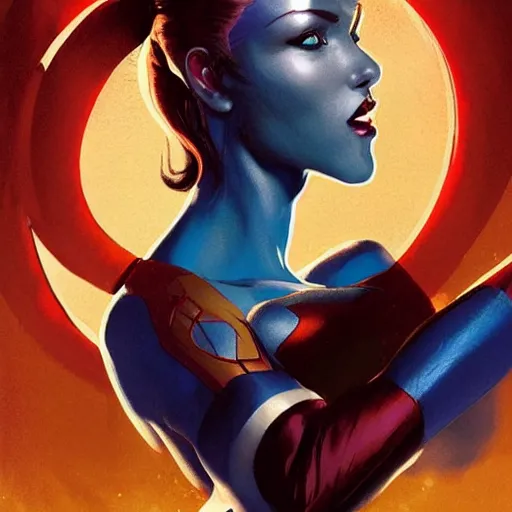 Prompt: portrait of beautiful Mystique from X-Men, League of Legend illustration by greg rutkowski:2, profile picture by Gil Elvgren:2, asymmetrical, Organic Painting, Ambient Occlusion:3, Matte Painting, bold shapes, hard edges, street art, trending on artstation, realistic:2 by Sachin Teng:5