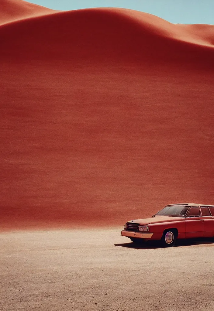 Prompt: “a red car is parked in the middle of the desert, a matte painting by Scarlett Hooft Graafland, featured on unsplash, australian tonalism, anamorphic lens flare, cinematic lighting, rendered in unreal engine”