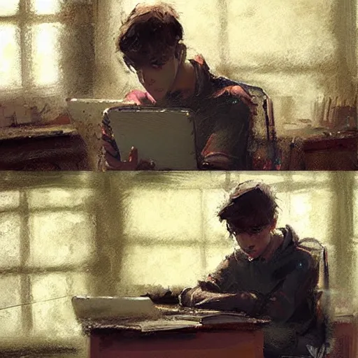 Prompt: A bored teenager in a classroom looking at his smartphone, artwork by Craig Mullins, trending on artstation