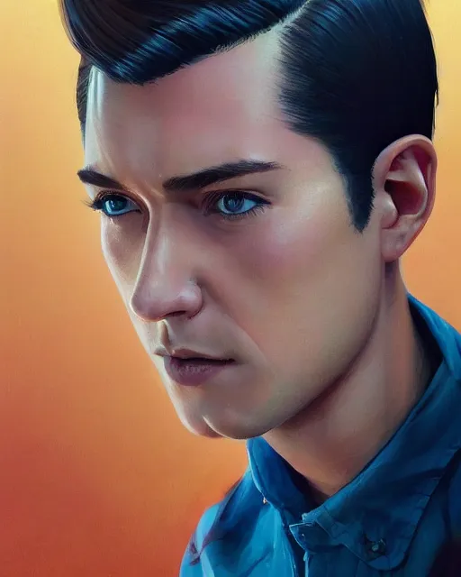 Prompt: man with a cute - fine - face, pretty face, oil slick hair, realistic shaded perfect face, extremely fine details, by realistic shaded lighting, dynamic background, poster by ilya kuvshinov katsuhiro otomo, magali villeneuve, artgerm, jeremy lipkin and michael garmash and rob rey, and silvain sarrailh