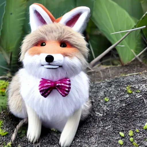 Prompt: a photorealistic adorable chubby fennic fox wolf rabbit hybrid, wearing bows on its fuzzy ears, grinning at the camera with a mischievous look, sharp teeth, happy lighting, at a tropical beach