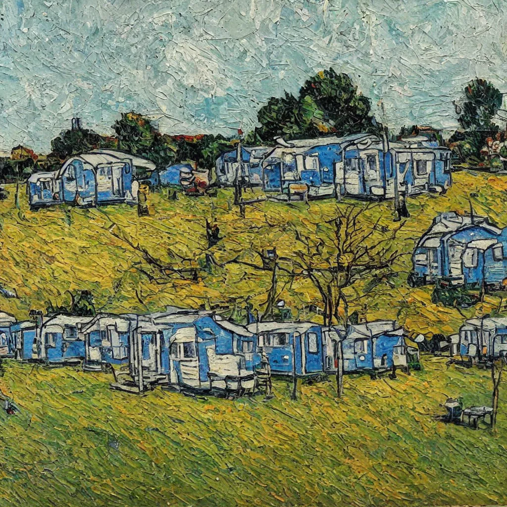 Prompt: painting of an old style caravan park painted in the style of Jackson Pollack, with lots of scumbling, scumbled thick oil paint, oily high relief, shiny and painted in a style of painting similar to Van Gogh but more impasto and less hatching