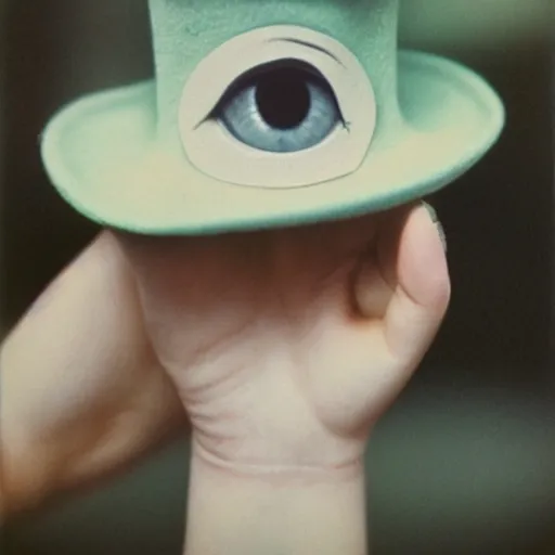 Prompt: a hand that is realistic but also has eyes and little feet at the fingertips, many fingers, it's wearing a cute little hat, old photo, expired color film, 1975