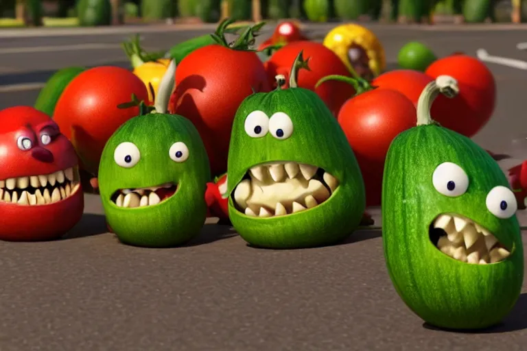 Image similar to detailed 3 d render of an angry furious zucchini with a bloody sword in his hand, running down the road chasing after a group of scared tomatoes, hyper realistic octane render, dramatic lighting, high speed chase, nightmare, surrealism, pixar, disney, cartoon