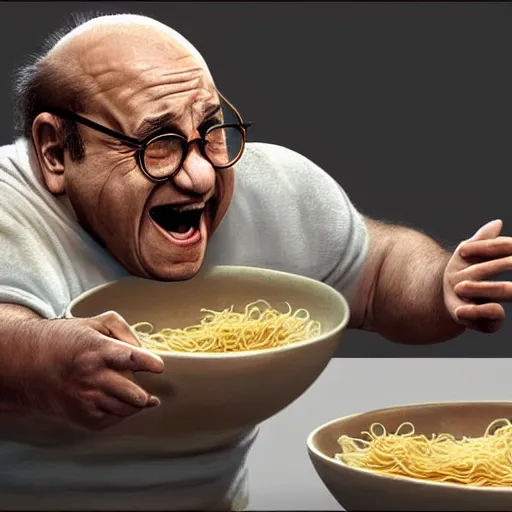 Image similar to hyperrealistic mixed media high resolution image of Danny DeVito screaming at a bowl of noodles, stunning 3d render inspired art by István Sándorfi and Greg Rutkowski and Unreal Engine, perfect symmetry, dim volumetric lighting, 8k octane beautifully detailed render, post-processing, extremely hyper-detailed, intricate, epic composition, highly detailed attributes, highly detailed atmosphere, full body shot, cinematic lighting, masterpiece, trending on artstation, very very detailed, masterpiece, stunning, flawless structure, lifelike texture, perfection,