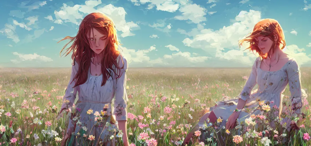 Image similar to a beautiful southern woman named Savannah, innocent, somber turquoise eyes, freckles, long ginger hair tied with white ribbon, relaxed in a field of flowers on a farm, gentle lighting, storm in the distance, western clothing, dress, digital art by Makoto Shinkai ilya kuvshinov and Wojtek Fus, digital art, concept art,