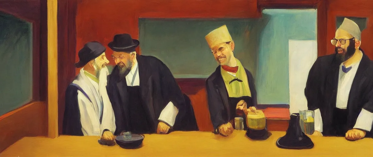 Prompt: a rabbi priest and minister walk into a bar, in the style of an awesome edward hopper painting