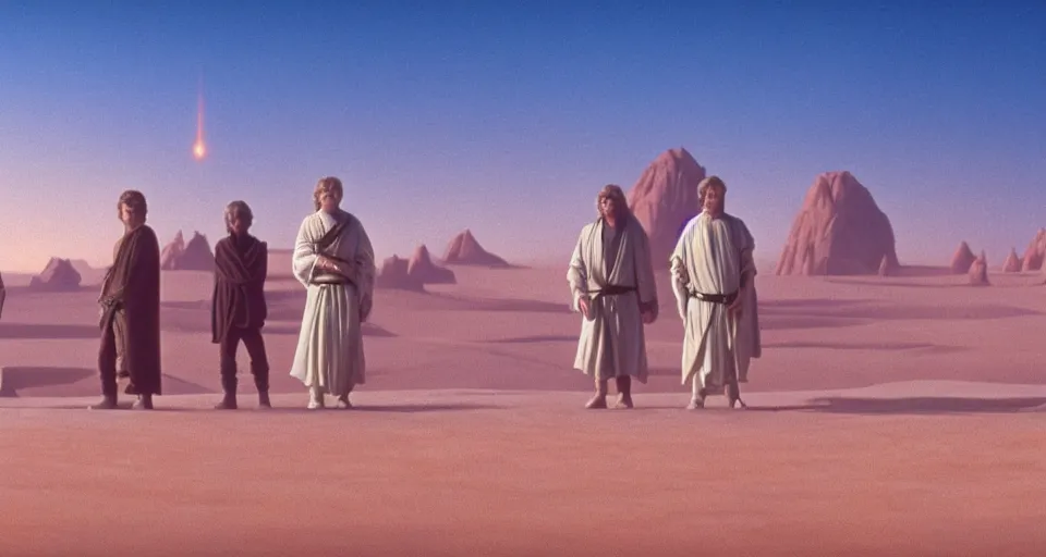 Prompt: beautiful wide shot tatooine landscape, obi wan kenobi, Luke skywalker, Star Wars a new hope 1977, studio ghibli, Miyazaki, Greg rutkowski, Jean girard, Moebius , animation, golden hour, highly detailed, 70mm