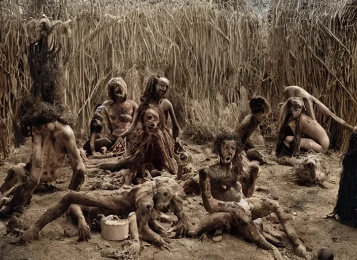 Prompt: sensual scene from art house film by alejandro jodorowsky, roger ballen : : surreal scene of an occult ritual in a picturesque outdoors setting : : mirrors, ashes, new guinea mud man, costumes, snakes, smoke, burned dolls : : close - up of the actors'faces : : technicolor, 8 k