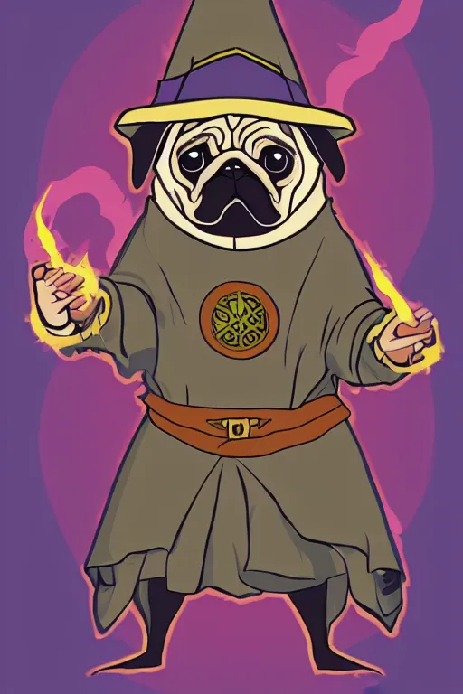 Image similar to Portrait of a pug that is a wizard casting a spell , wizard, medieval, sticker, colorful, casting epic spell, magic the gathering artwork, D&D, fantasy, artstation, heroic pose, illustration, highly detailed, simple, smooth and clean vector curves, no jagged lines, vector art, smooth